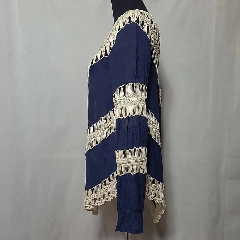 Umgee Navy Blue Beige Crochet Top Size L Boho Hippie Summer Beach Top Cover Up